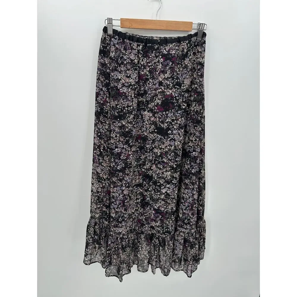 Y2K Dark‎ Floral Maxi Dress Women Sz 10 Whimsigoth Fairy Boho Ruffle Coquette